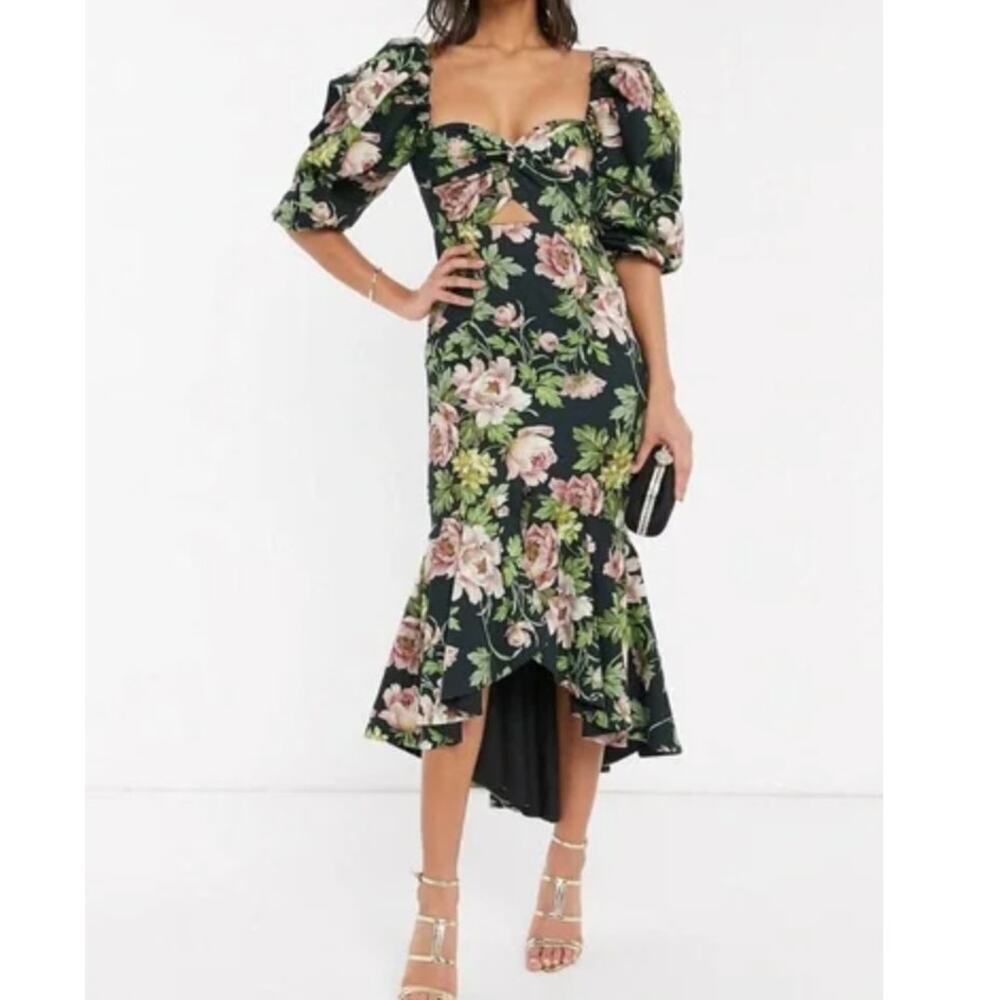 Asos 100% Cotton Hi-Low Backless Black Floral Puff Sleeve Mermaid Dress • Size 4